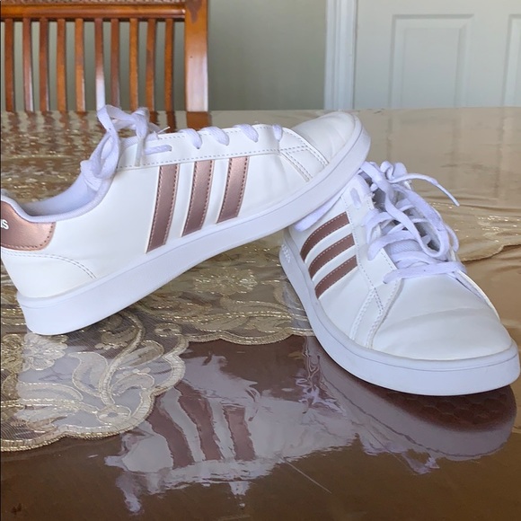 white and rose gold adidas